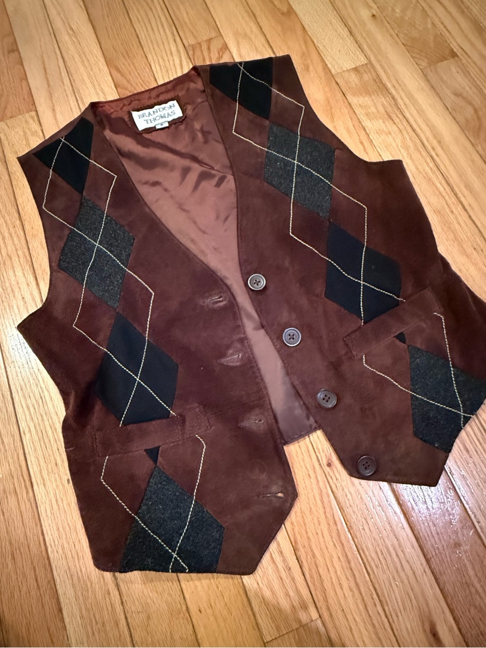 Brandon Thomas Brown Suede Vest Patchwork Wool & contrast suede patches western - Picture 3 of 7